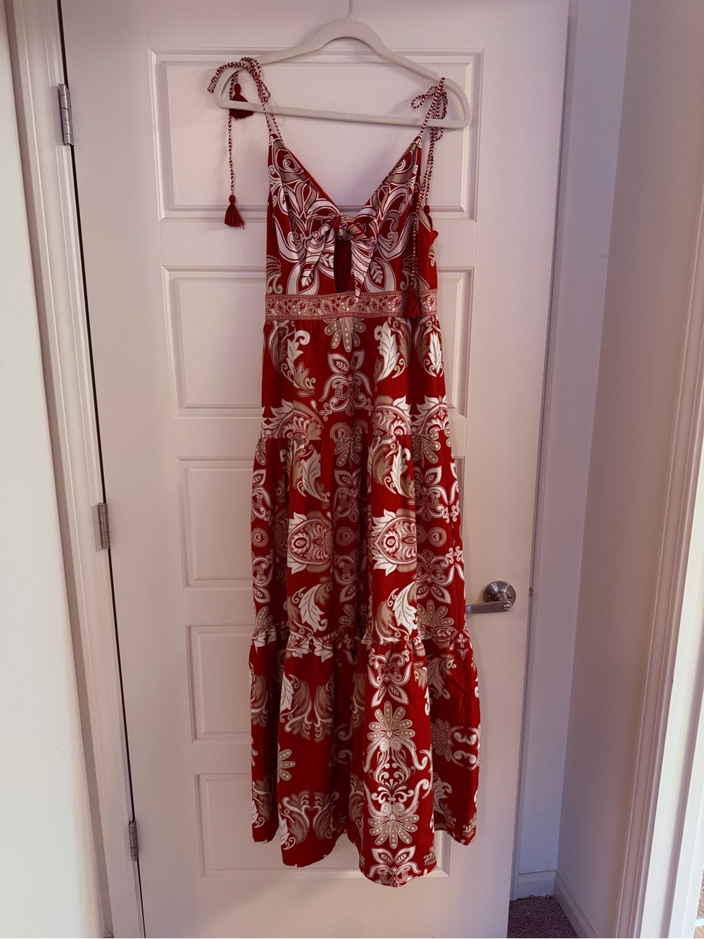 Alice + Olivia Red and White Paisley Tie-Shoulder Maxi Dress